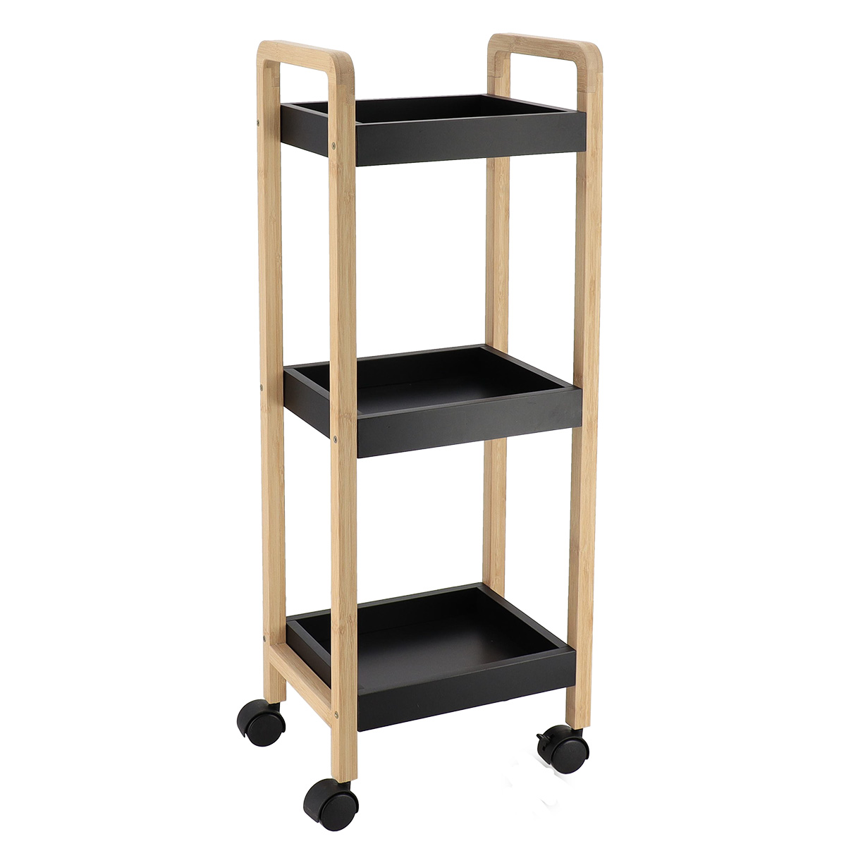 9971 Ραφιέρα Bamboo/MDF με 3 Ράφια Φυσική/Μαύρη με Ροδάκια 28.5x21x79cm MRShome - Image 1