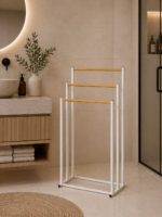 Επιδαπέδια Κρεμάστρα 3 Θέσεων Μεταλλική με Bamboo 45x23x85cm White/Natural MRShome - Image 2