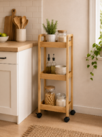 Ραφιέρα Bamboo/MDF με 3 Ράφια Φυσική με Ροδάκια 28.5x21x79cm MRShome - Image 2
