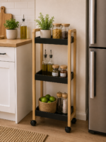 Ραφιέρα Bamboo/MDF με 3 Ράφια Φυσική/Μαύρη με Ροδάκια 28.5x21x79cm MRShome - Image 2
