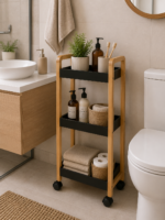 Ραφιέρα Bamboo/MDF με 3 Ράφια Φυσική/Μαύρη με Ροδάκια 28.5x21x79cm MRShome - Image 3