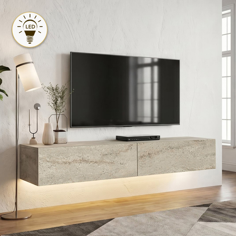 GP042-01708-0 Έπιπλο τηλεόρασης επιτοίχιο Aristo Megapap με LED χρώμα travertine 135x31,6x25εκ. - Image 1