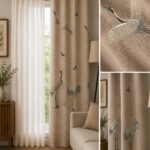 Kουρτίνα 10281 σε μπεζ απόχρωση με elegant κέντημα γερανών.