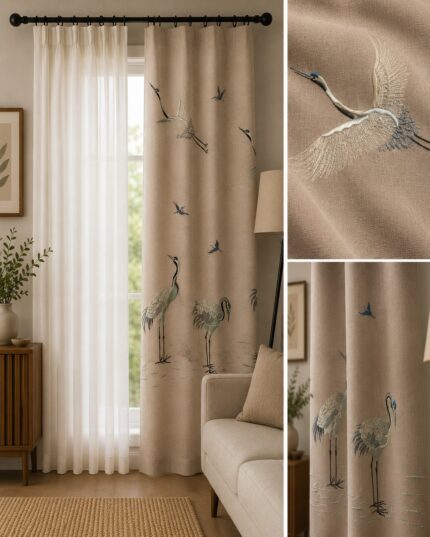 Kουρτίνα 10281 σε μπεζ απόχρωση με elegant κέντημα γερανών.