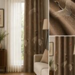 Kουρτίνα 10282 σε καφέ απόχρωση με elegant κέντημα γερανών.