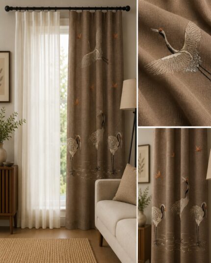Kουρτίνα 10282 σε καφέ απόχρωση με elegant κέντημα γερανών.