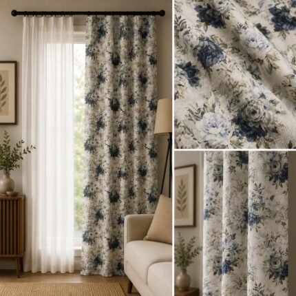 Κουρτίνα Half Panama 9903 με floral σχέδιο σε μπλε αποχρώσεις