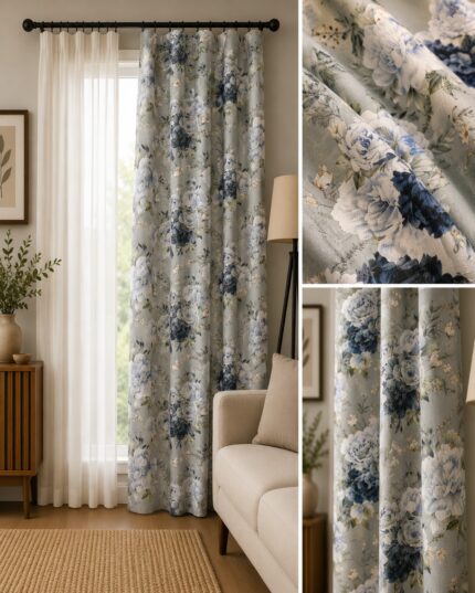 Κουρτίνα Half Panama 9905 με floral σχέδιο και μπλε λουλούδια