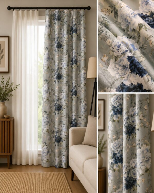Κουρτίνα Half Panama 9905 με floral σχέδιο και μπλε λουλούδια