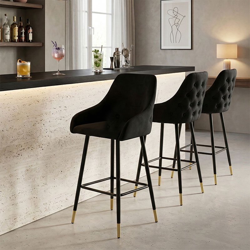 029-000203 Σκαμπό bar Lithe pakoworld μεταλλικό μαύρο χρυσό-βελούδο μαύρο 47x44x98εκ - Image 1