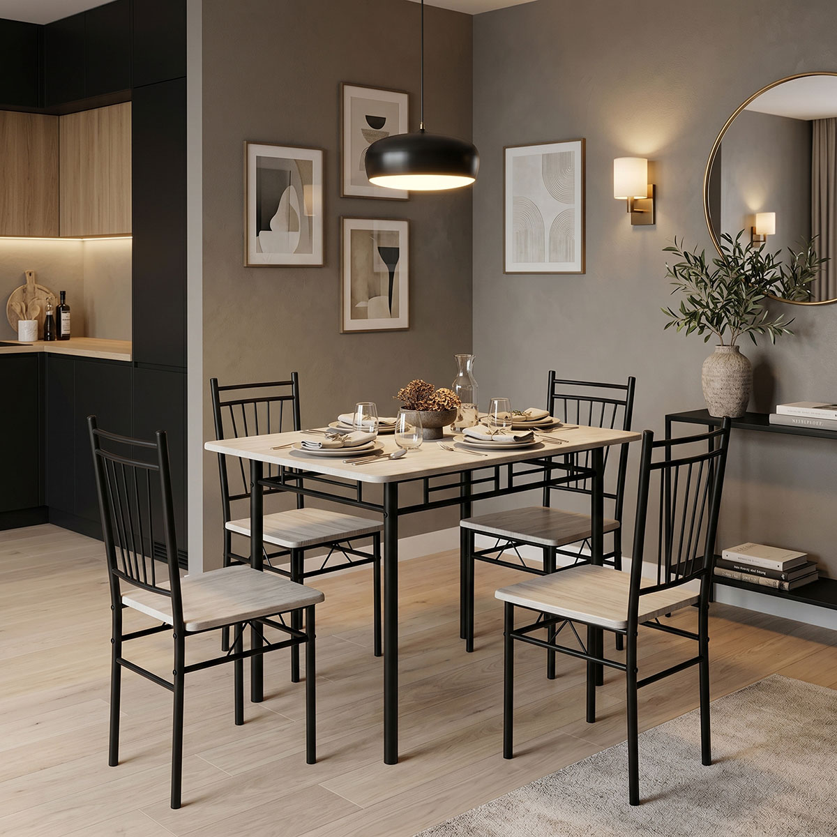 072-000185 Τραπεζαρία Roza pakoworld σετ 5τμχ mdf sonoma με μεταλλικό μαύρο πόδι 110x60x75εκ - Image 1