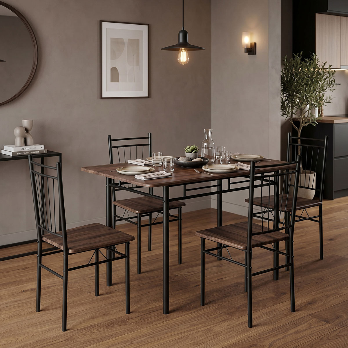 072-000186 Τραπεζαρία Roza pakoworld σετ 5τμχ mdf καρυδί με μεταλλικό μαύρο πόδι 110x60x75εκ - Image 1