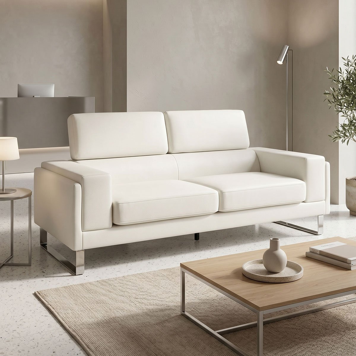 074-000008 Καναπές Shea pakoworld 3θέσιος PU ivory-inox 198x80x87εκ - Image 1