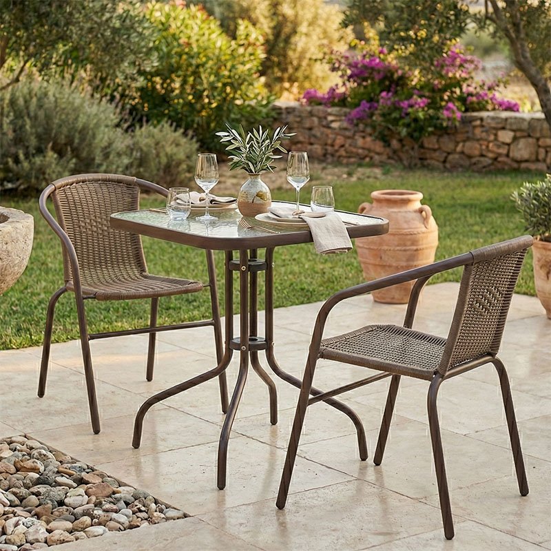 130-000085 Tραπεζαρία Obbi-Watson pakoworld σετ 3τεμ καφέ μέταλλο-pe rattan 60x60x70εκ - Image 1