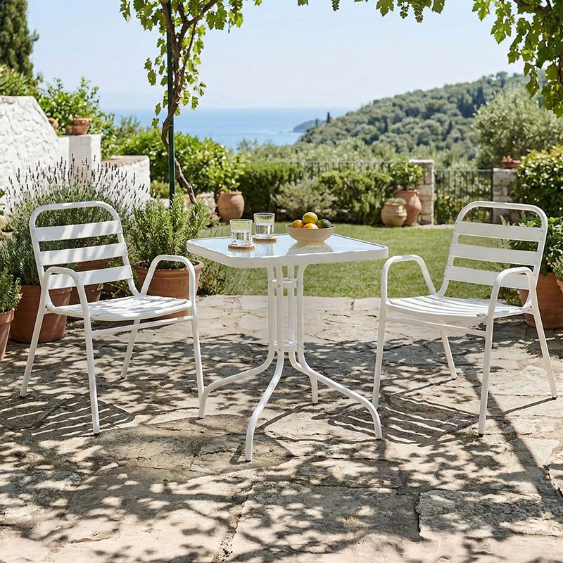 130-000124 Τραπεζαρία Watson-Sussie pakoworld σετ 3τεμ μέταλλο λευκό- γυαλί 70x70x70εκ - Image 1