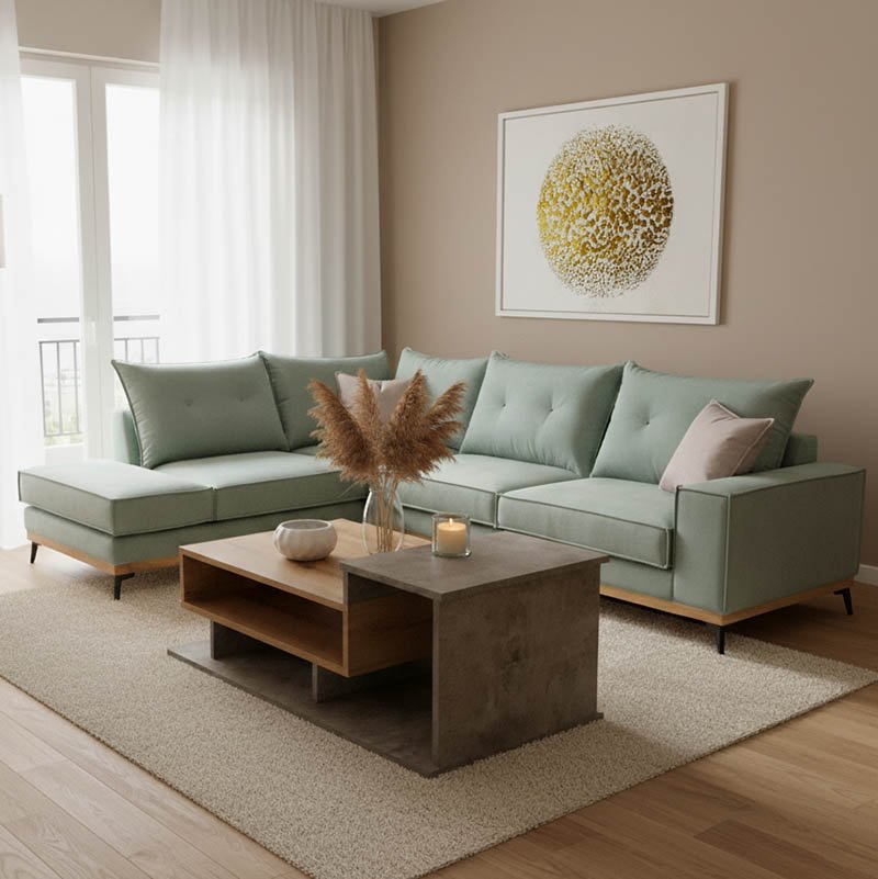 168-000008 Γωνιακός καναπές δεξιά γωνία Luxury II pakoworld ύφασμα ciel-cream 290x235x95εκ - Image 1