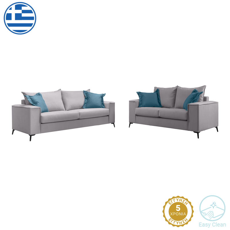 168-000096 Σετ σαλονιού 2τεμ Verona pakoworld ανοιχτό γκρι ύφασμα με μαξιλάρια σε μπλε απόχρωση - Image 1