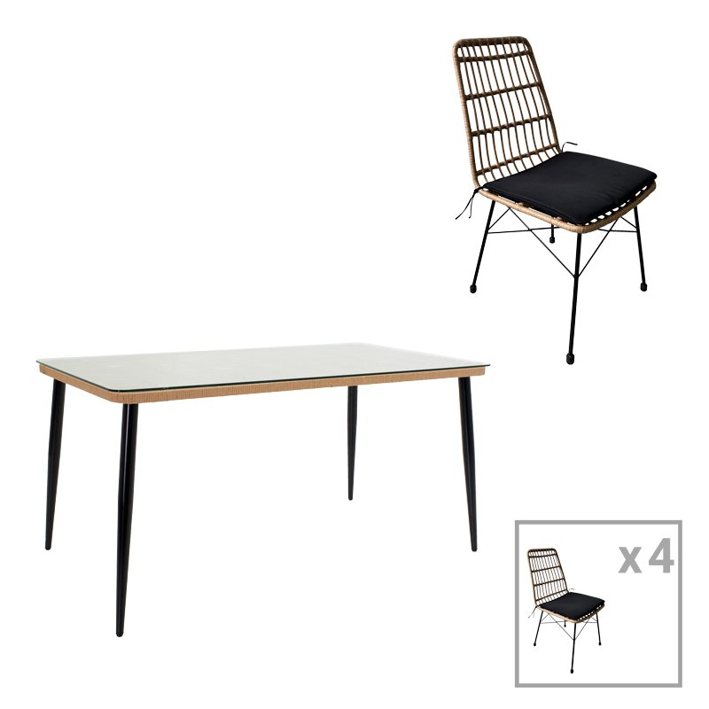 200-000964 Τραπεζαρία Naoki U σετ 5τεμ pakoworld rattan pe σε φυσική απόχρωση και μαύρο μέταλλο 160x90x78εκ - Image 1