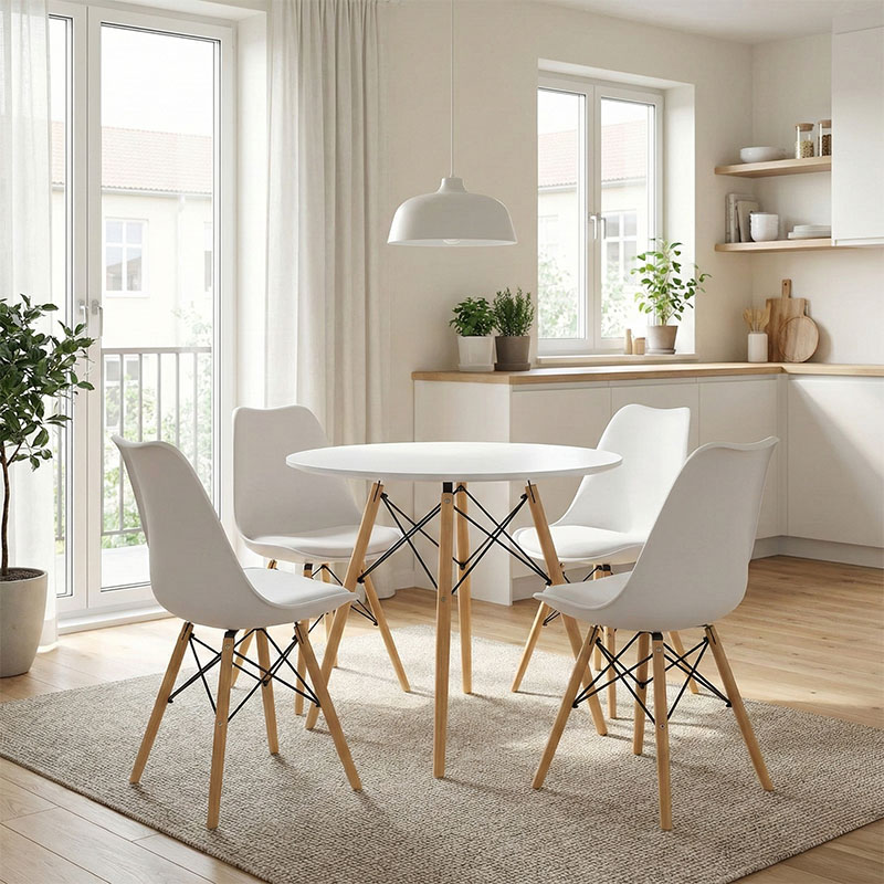 200-001246 Τραπεζαρία Julita σετ 5τεμ pakoworld MDF και ξύλο οξιάς σε λευκή-φυσική απόχρωση Φ80x73εκ - Image 1