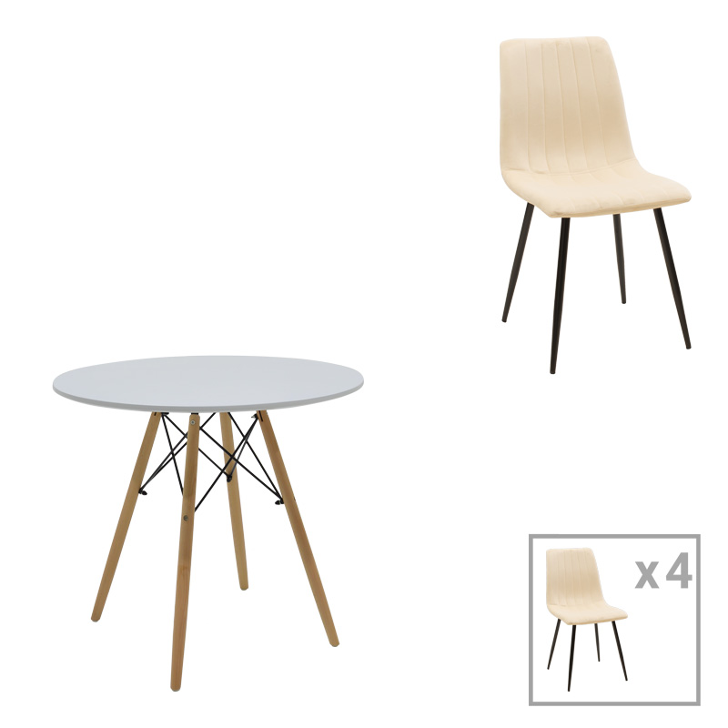 200-001271 Τραπεζαρία Julita-Noor pakoworld σετ 5τεμ MDF λευκό-μπεζ-φυσικό Φ80x73εκ - Image 1