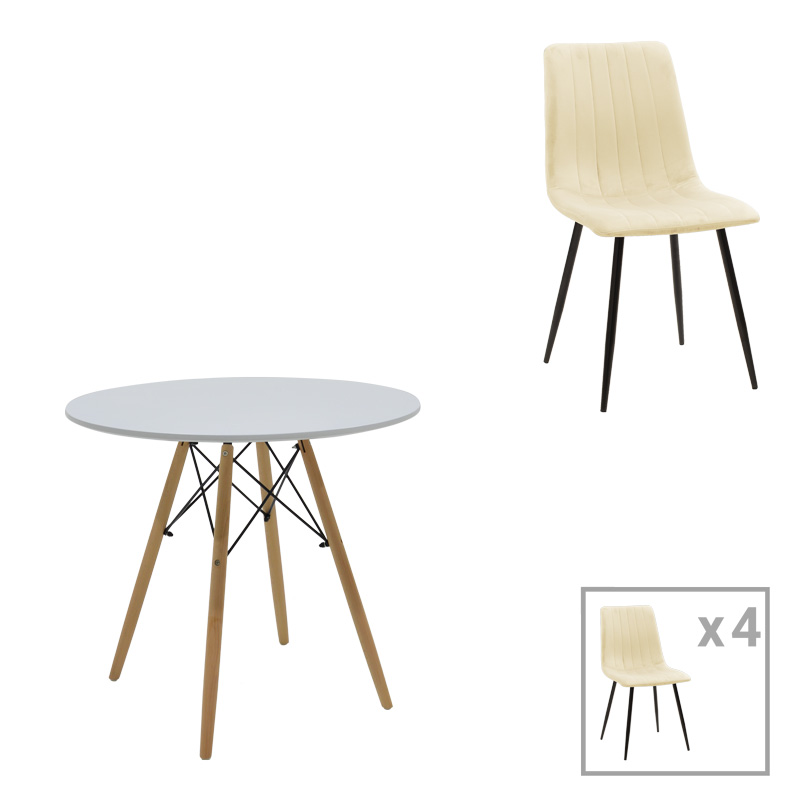 200-001299 Τραπεζαρία Julita-Noor pakoworld σετ 5τεμ MDF λευκό-μπεζ ύφασμα Φ80x73εκ - Image 1