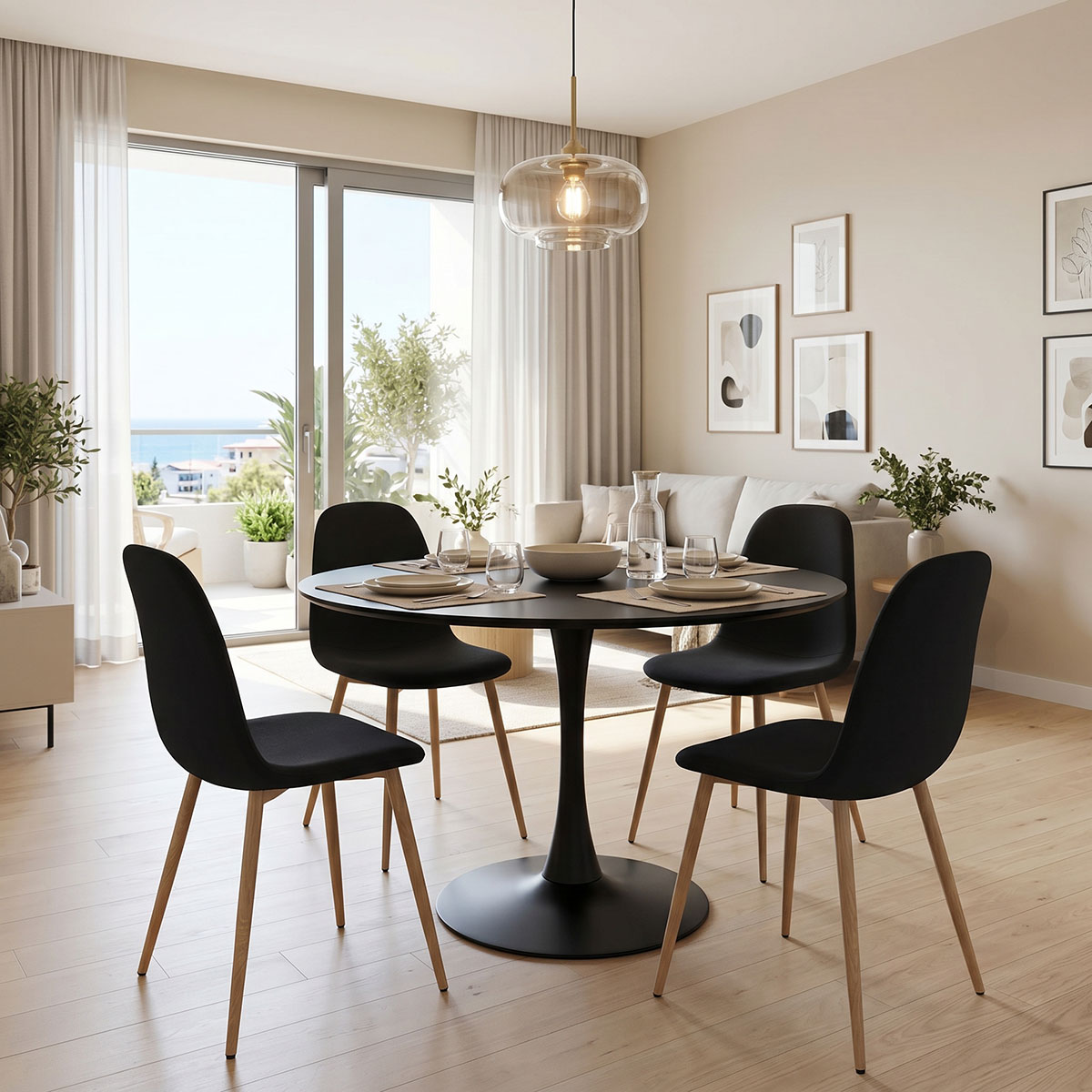 200-001429 Τραπεζαρία Bella-Balou pakoworld σετ 5τεμ MDF μαύρο-ύφασμα μαύρο Φ120x73εκ - Image 1