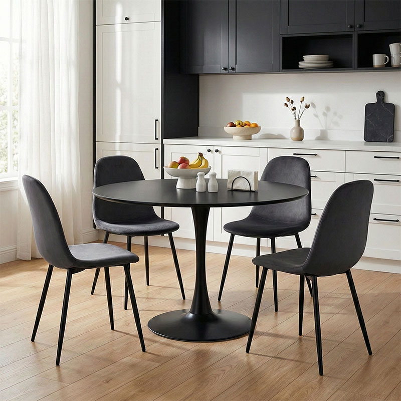 200-001433 Τραπεζαρία Bella-Balou pakoworld σετ 5τεμ MDF μαύρο-βελούδο ανθρακί Φ120x73εκ - Image 1