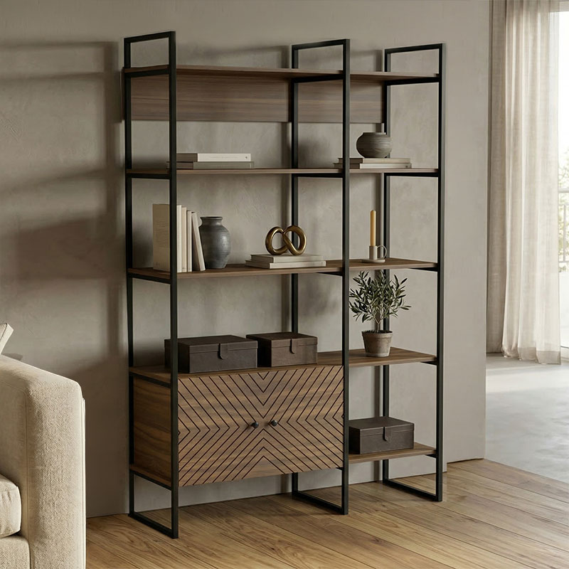230-000128 Βιβλιοθήκη Rhombo pakoworld καρυδί-μαύρο 120x35x180εκ - Image 1