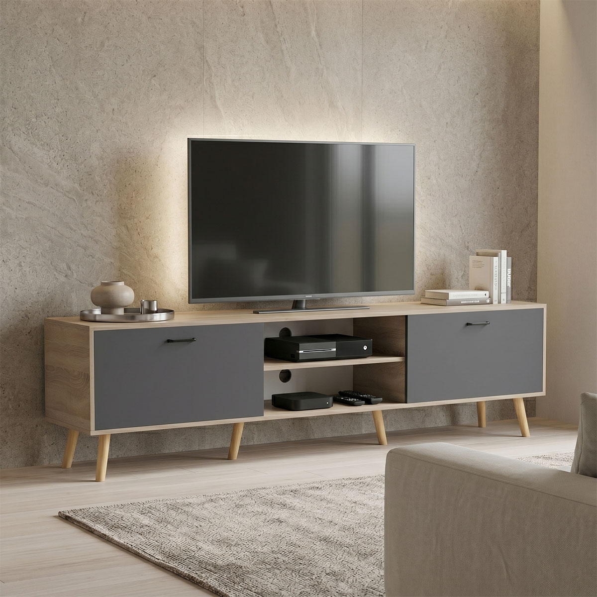 230-000205 Έπιπλο τηλεόρασης Gorna pakoworld sonoma-ανθρακί 180x35x48.6εκ - Image 1