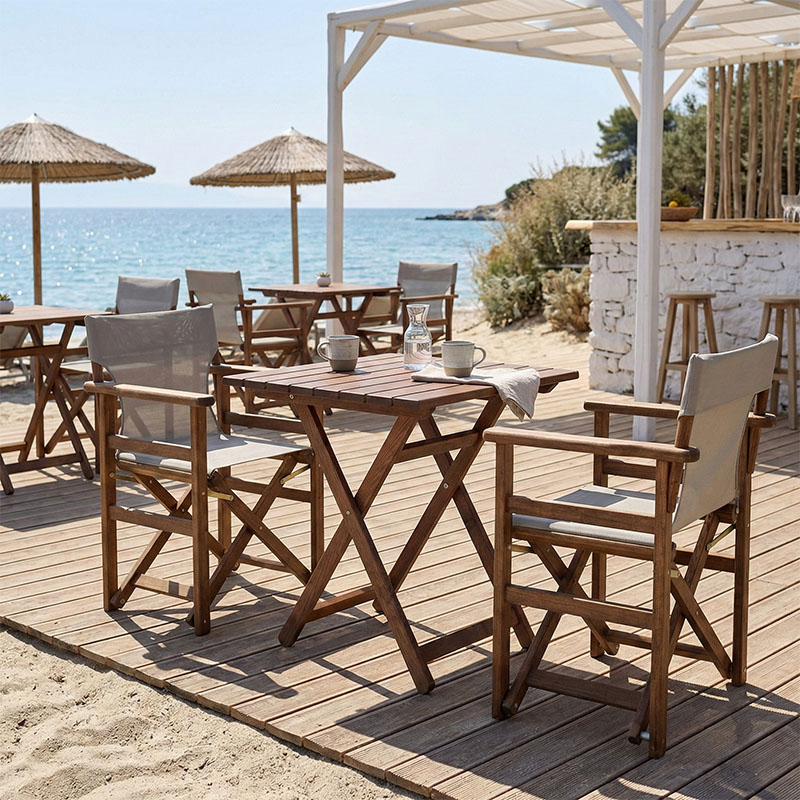 237-000041 Tραπεζαρία Retto σετ 3τμχ μασίφ ξύλο οξιάς καρυδί-πανί γκρι μπεζ 60x60x71εκ - Image 1