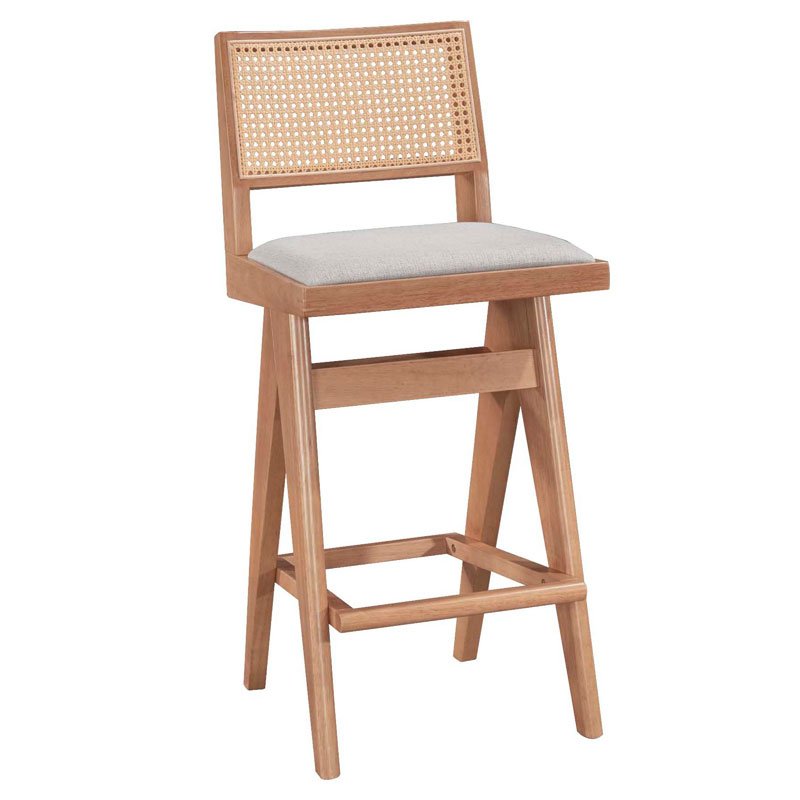 247-000007 Σκαμπό bar Winslow pakoworld ξύλο rubberwood ανοικτό καρυδί-pvc rattan φυσικό-ύφασμα γκρι 44.5x46x98εκ - Image 1