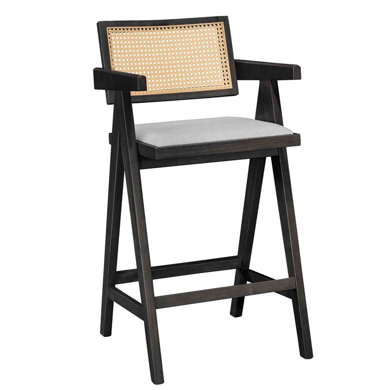 247-000010 Σκαμπό bar Winslow pakoworld ξύλο rubberwood μαύρο-pvc rattan φυσικό-ύφασμα γκρι - Image 1