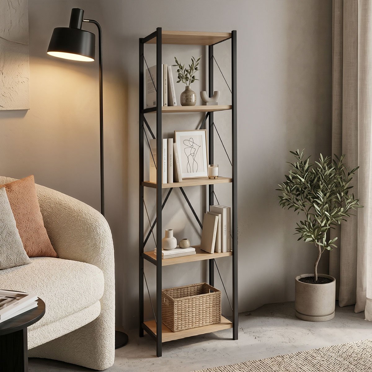 321-000008 Βιβλιοθήκη Glase pakoworld oak μελαμίνης-μαύρο μέταλλο 40x30x150εκ - Image 1