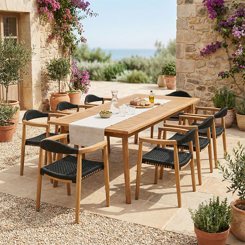 340-000040 Τραπεζαρία 9 τεμ. Ganny-Pino pakoworld teak ξύλο σε φυσική - μαυρη απόχρωση 180/240x100x75εκ - Image 1