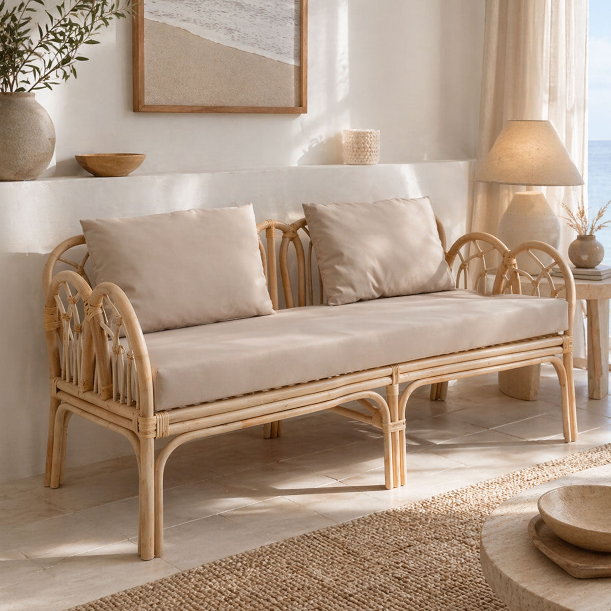 344-000005 Καναπές διθέσιος Ytrone pakoworld rattan σε φυσική απόχρωση με μπεζ μαξιλάρι 166x61.5x71εκ - Image 1
