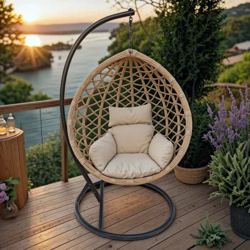 368-000001 Κούνια φωλιά με βάση Lyere pakoworld μέταλλο καφέ-pe rattan σε μπεζ απόχρωση 120x108x195εκ - Image 1
