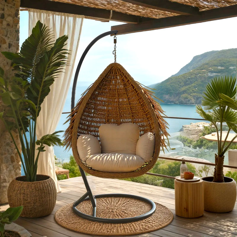 368-000006 Κούνια φωλιά με βάση Varur pakoworld μέταλλο καφέ - pe rattan σε μπεζ απόχρωση 120x105x195εκ - Image 1