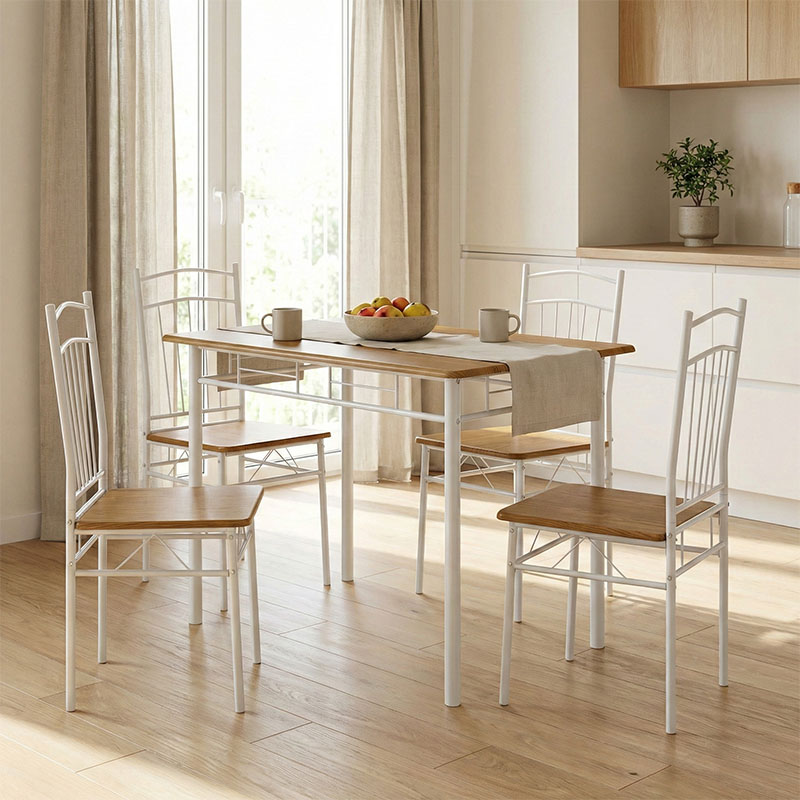 374-000001 Τραπεζαρία Reforia pakoworld σετ 5τμχ mdf σε φυσική απόχρωση με λευκά μεταλλικά πόδια 110x60x74εκ - Image 1