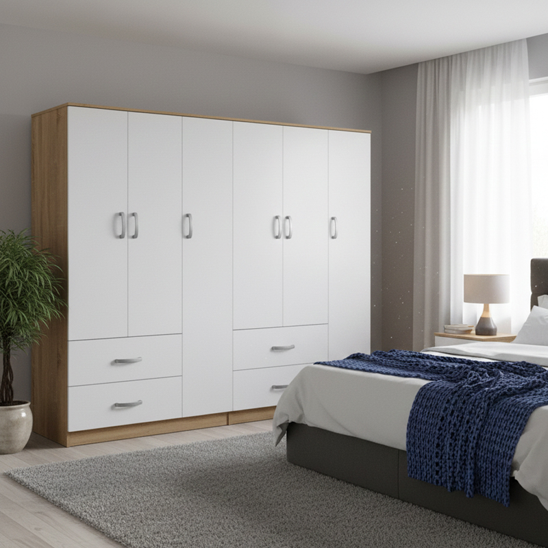 383-000222 Ντουλάπα εξάφυλλη Athos pakoworld sonoma-λευκό 180x42x180εκ - Image 1