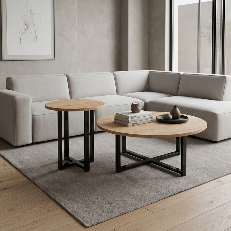 GP037-03071-0 Τραπεζάκι σαλονιού σετ 2 τμχ Mesa Megapap χρώμα sapphire oak Ø90x35,5εκ. - Image 1