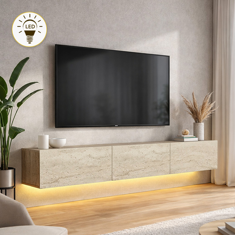 GP042-01699-0 Έπιπλο τηλεόρασης επιτοίχιο Damla Megapap με LED χρώμα travertine 180x29,5x29,5εκ. - Image 1