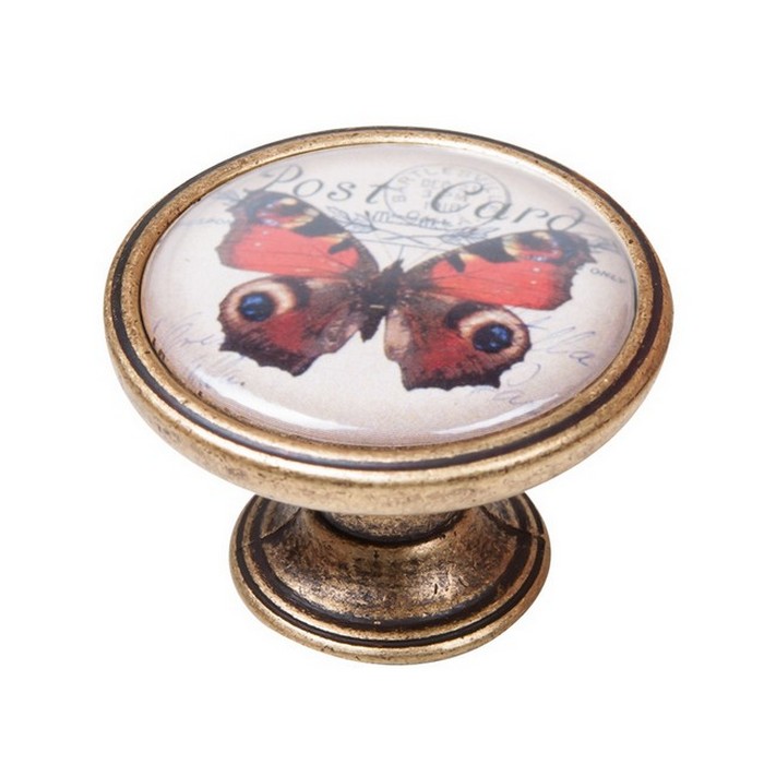 pomolaki-vintage-xryso-antike-550BR38 Πομολάκι Vintage Χρυσό Αντικέ Red Butterfly Φ37mm - Image 1