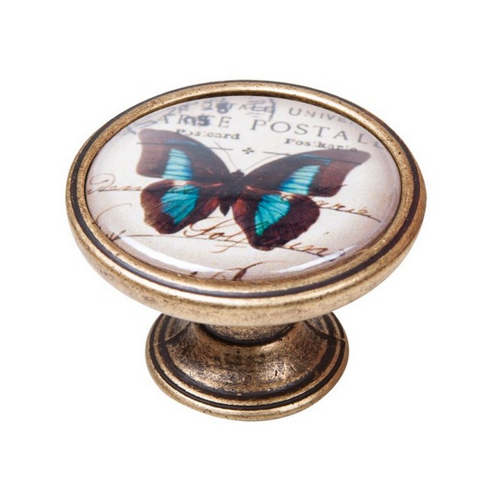 pomolaki-vintage-xryso-antike-550BR41 Πομολάκι Vintage Χρυσό Αντικέ Blue Butterfly Φ37mm - Image 1
