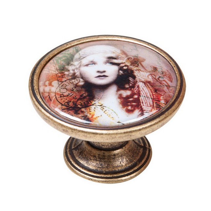 pomolaki-vintage-xryso-antike-550BR52 Πομολάκι Vintage Χρυσό Αντικέ Vintage Lady Red Hair Φ37mm - Image 1
