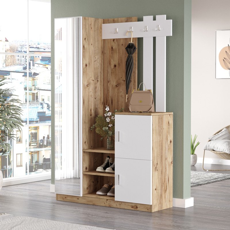 176-000219 Έπιπλο εισόδου Saron με καθρέπτη pakoworld σε oak-λευκή απόχρωση 113x35x180εκ - Image 1