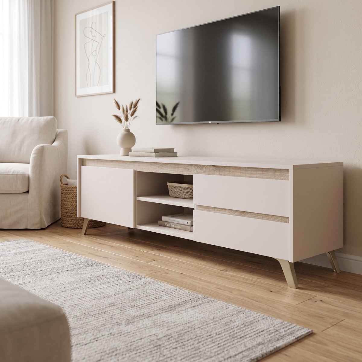 192-000070 Έπιπλο τηλεόρασης Belka pakoworld κρεμ με oak 155x45x53,6εκ - Image 1