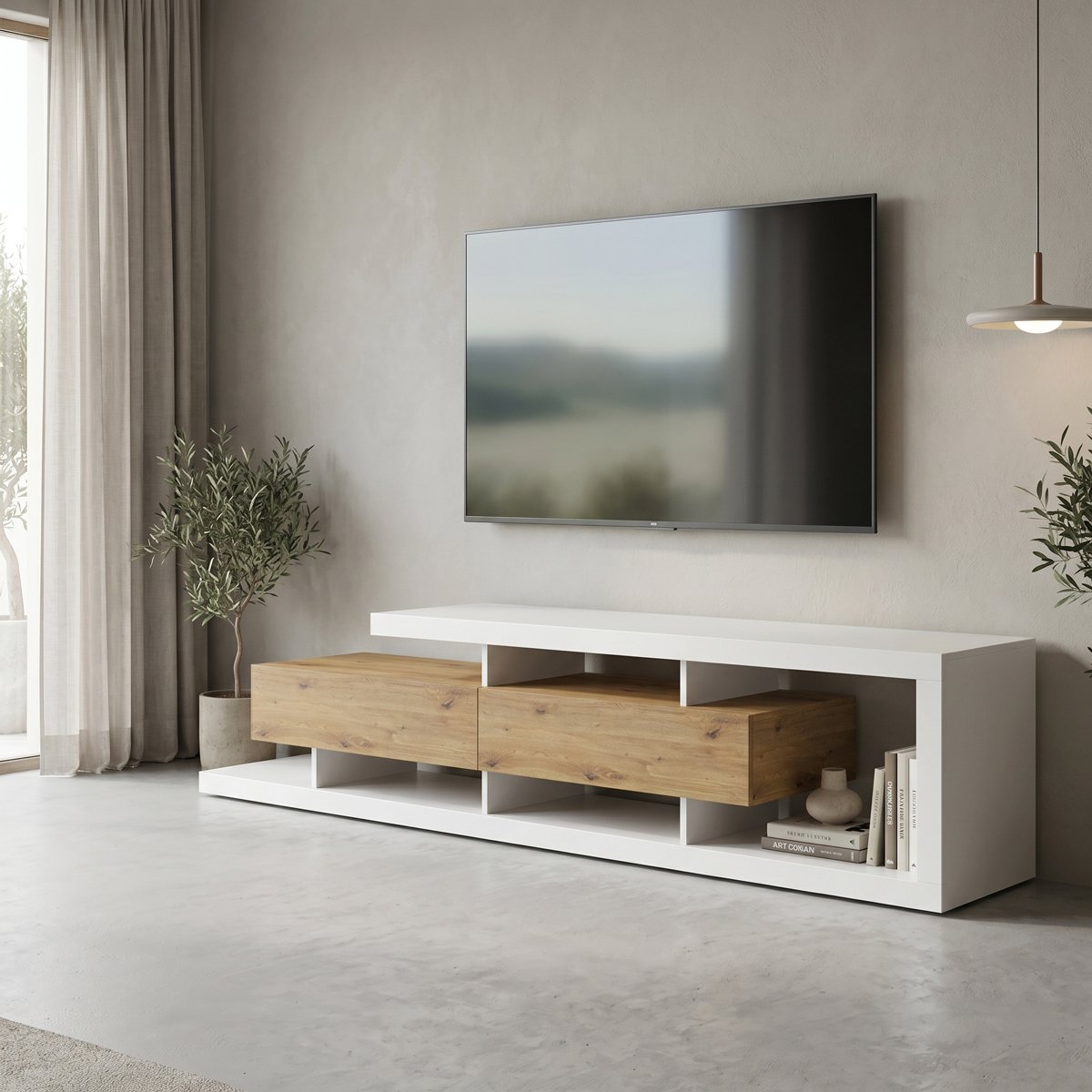230-000280 Έπιπλο τηλεόρασης Arbero pakoworld λευκό-oak 198x40x45εκ - Image 1