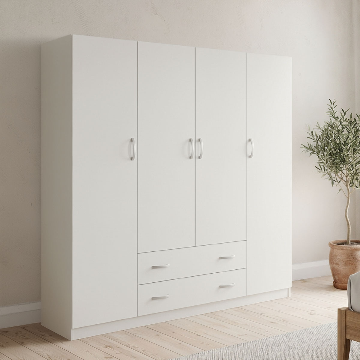 383-000169 Ντουλάπα τετράφυλλη με 2 συρτάρια Alvia pakoworld λευκή 200x51x180εκ - Image 1