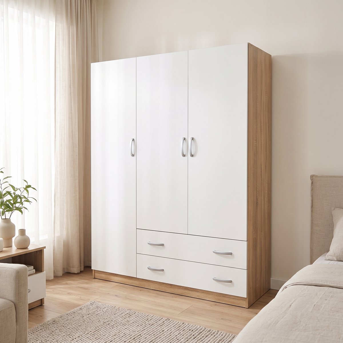 383-000320 Ντουλάπα τρίφυλλη με 2 συρτάρια Alvia pakoworld λευκό με sonoma 150x51x180εκ - Image 1