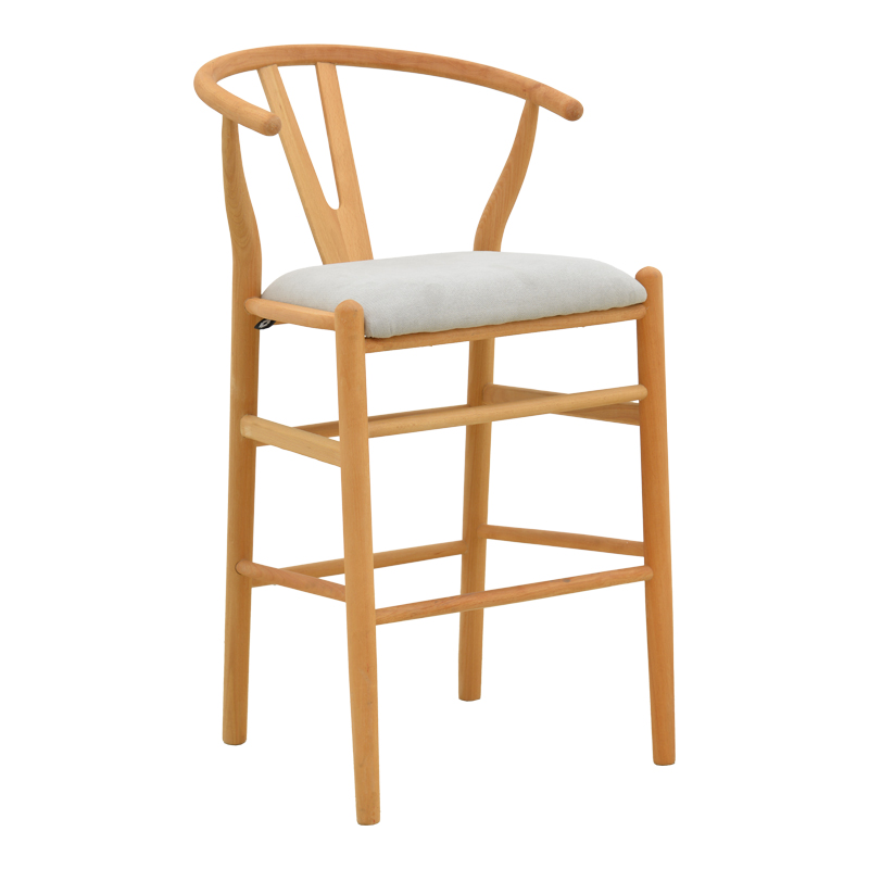 029-000464 Σκαμπό μπαρ Wishbone pakoworld μεσαίου ύψους rubberwood-ύφασμα σε φυσική-γκρι απόχρωση 51x60x95εκ - Image 1